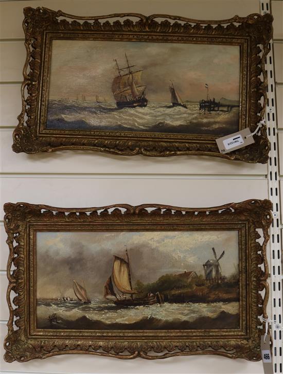 Dutch School (19th Century), oil on canvas, Coastal scene with boats and a windmill - and companion piece, a pair, 19 x 39cm